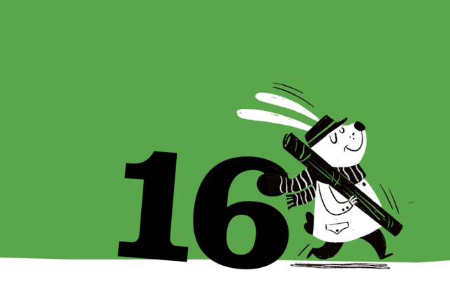 Foto vom Tee Adventkalender Türchen Nummer 16. Auf dem grünem Türchen ist ein Hase in Winterkleidung zu sehen. | © SONNENTOR